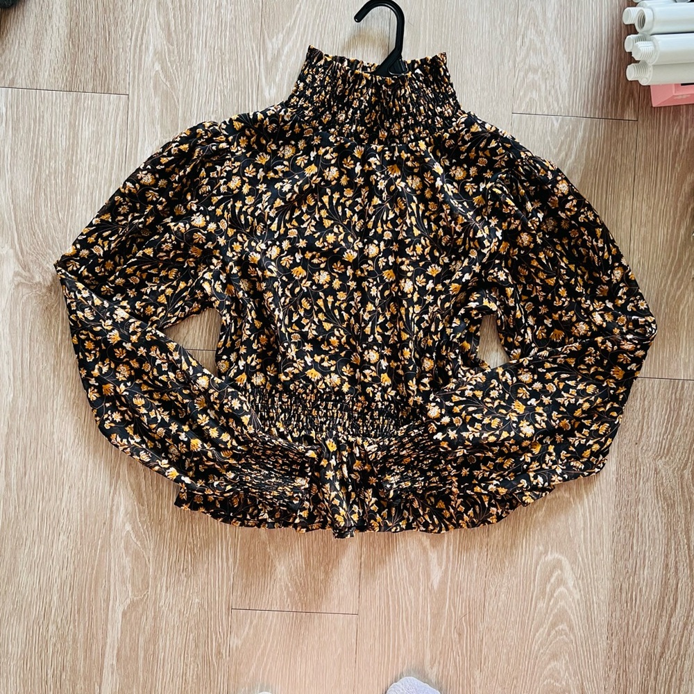 MINKPINK Black and Yellow Floral Smocked Blouse